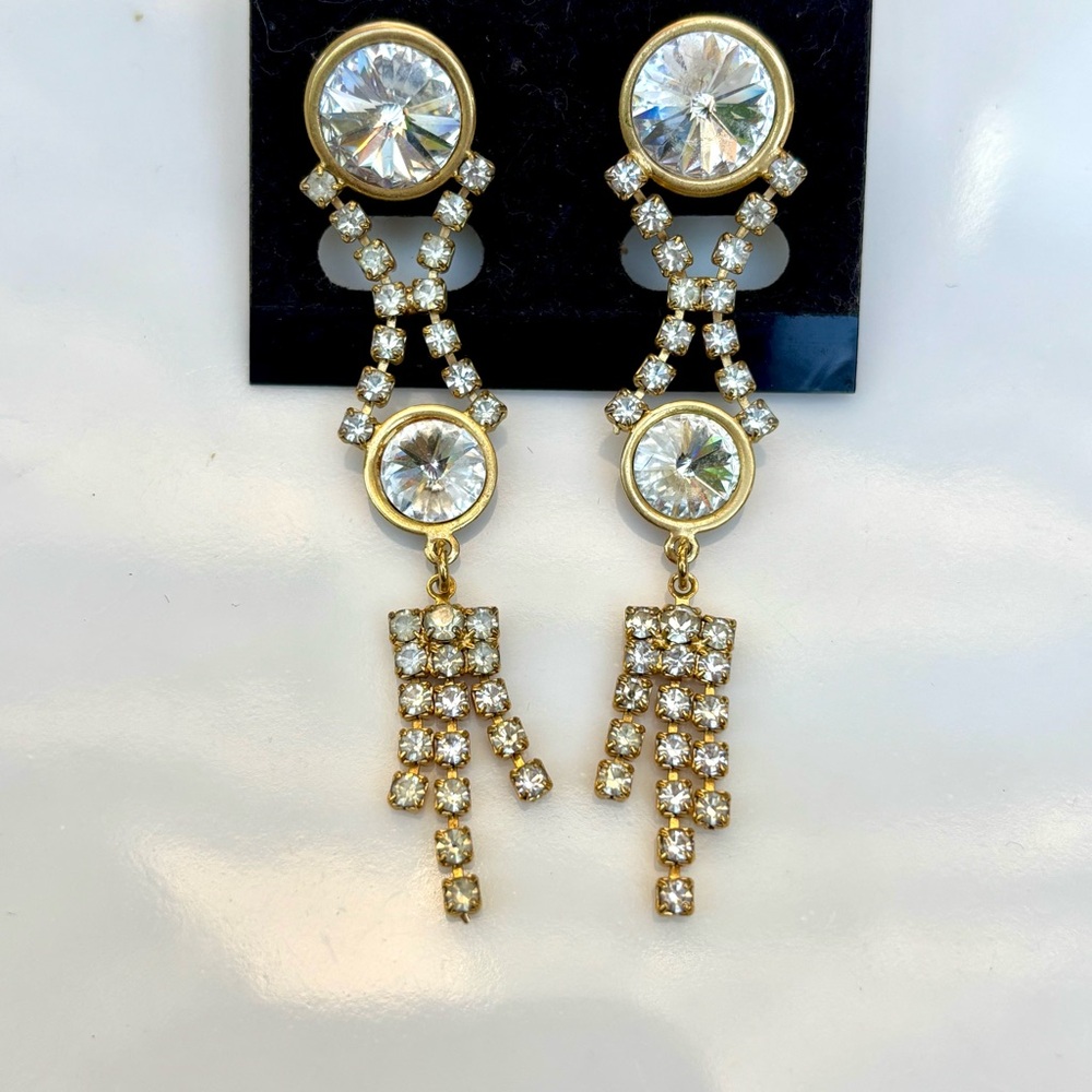 New Vintage 90’s Elegant Gold and Crystal Dangle Earrings